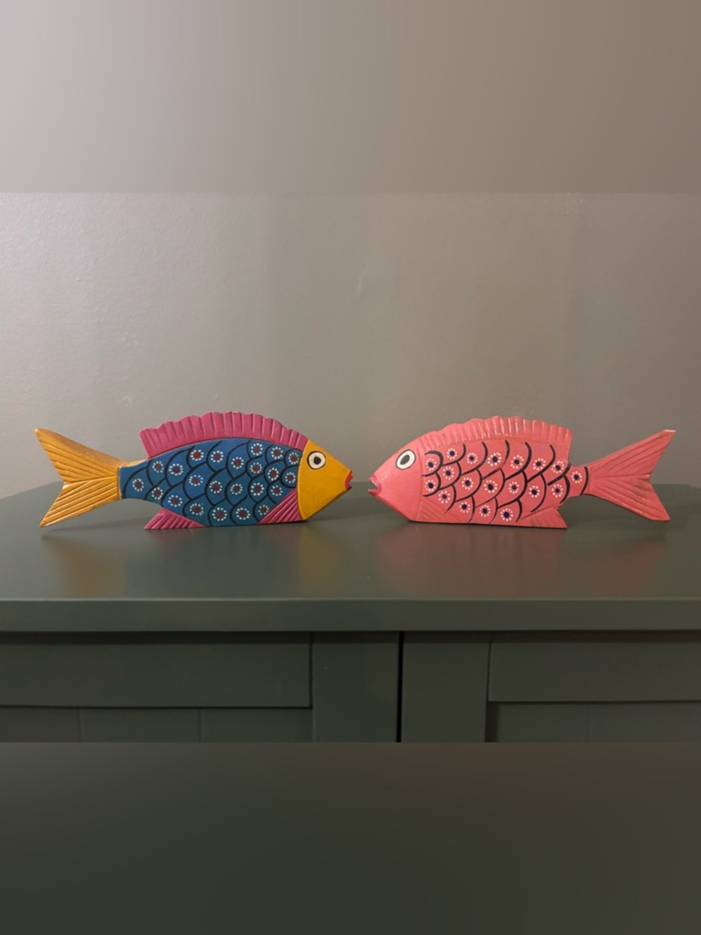 2 Vintage Wood Carved Fish Sculptures Hand Painted Mexico Folk Art Colorful